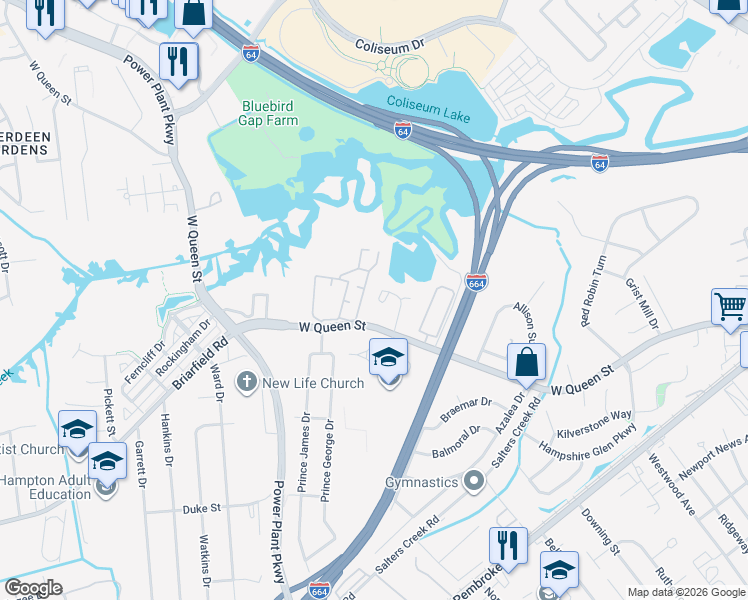 map of restaurants, bars, coffee shops, grocery stores, and more near 42B Inlandview Drive in Hampton
