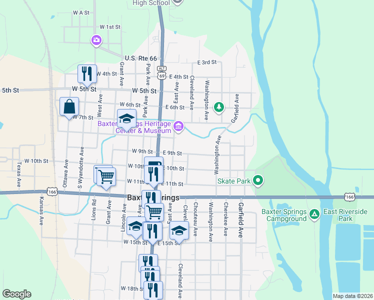 map of restaurants, bars, coffee shops, grocery stores, and more near 216 East 9th Street in Baxter Springs