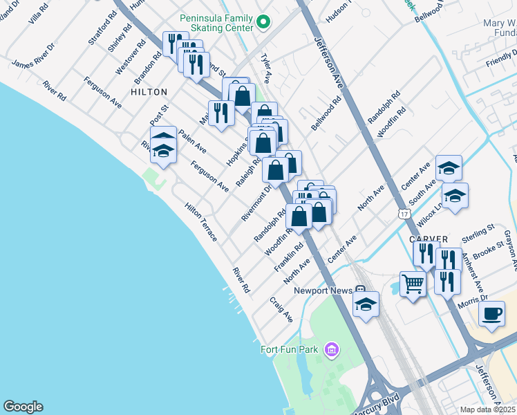 map of restaurants, bars, coffee shops, grocery stores, and more near 64 Rivermont Drive in Newport News