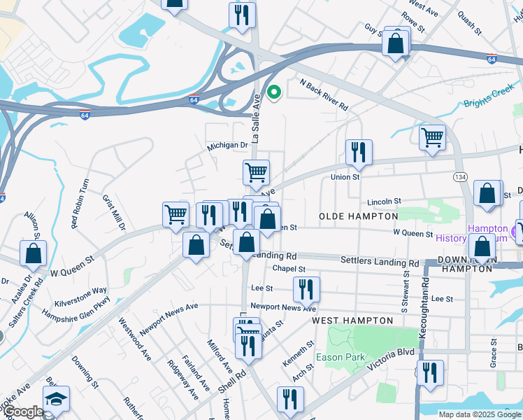 map of restaurants, bars, coffee shops, grocery stores, and more near 1000 Florida Street in Hampton