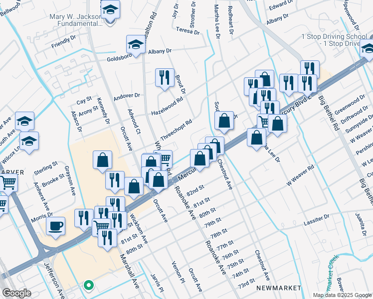map of restaurants, bars, coffee shops, grocery stores, and more near 6 Covenant Court in Hampton