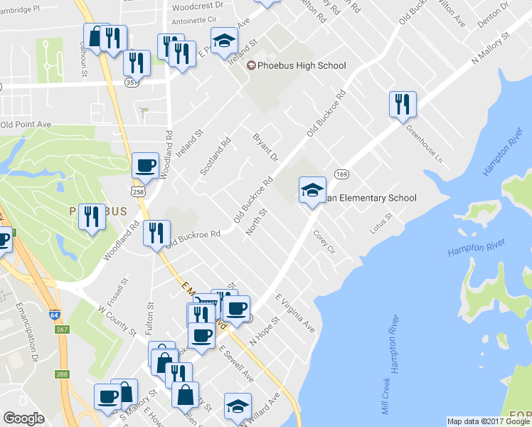 map of restaurants, bars, coffee shops, grocery stores, and more near 53 West Sherwood Avenue in Hampton