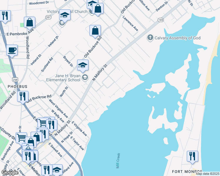 map of restaurants, bars, coffee shops, grocery stores, and more near 1134 Jasmine Street in Hampton