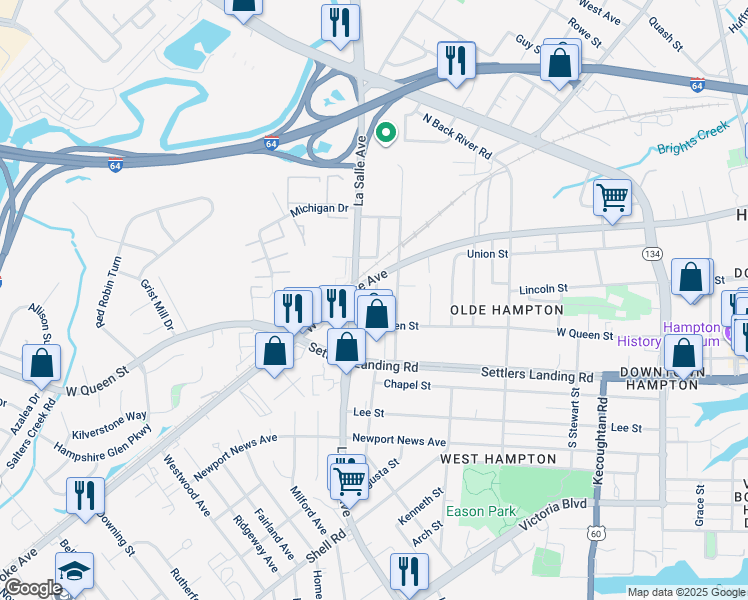 map of restaurants, bars, coffee shops, grocery stores, and more near 1000 Florida Street in Hampton