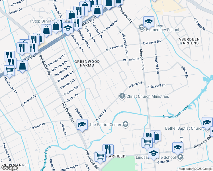map of restaurants, bars, coffee shops, grocery stores, and more near 1119 Lodi Court in Hampton