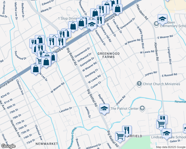 map of restaurants, bars, coffee shops, grocery stores, and more near 3313 Pershing Court in Hampton