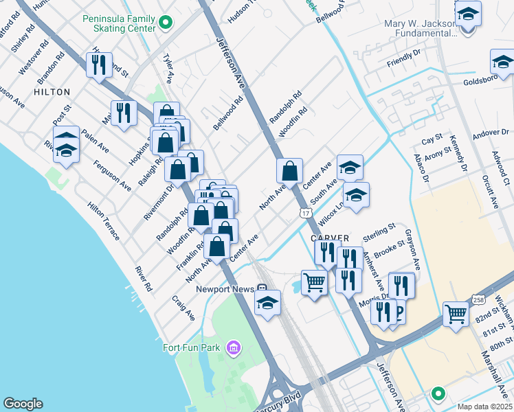 map of restaurants, bars, coffee shops, grocery stores, and more near 513 North Avenue in Newport News