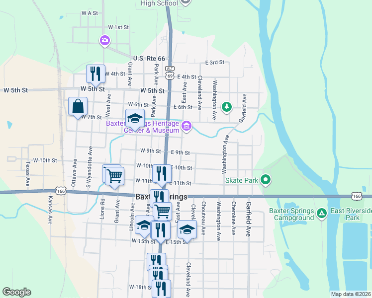 map of restaurants, bars, coffee shops, grocery stores, and more near 216 East 9th Street in Baxter Springs