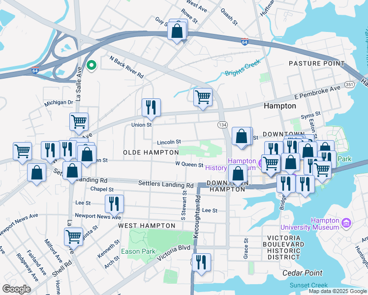 map of restaurants, bars, coffee shops, grocery stores, and more near 320 Grant Circle in Hampton
