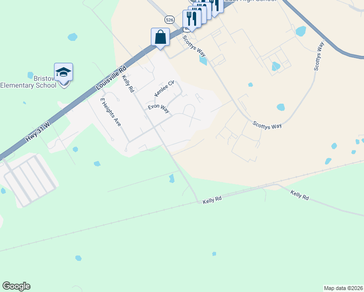 map of restaurants, bars, coffee shops, grocery stores, and more near 340 Sandy Court in Bowling Green