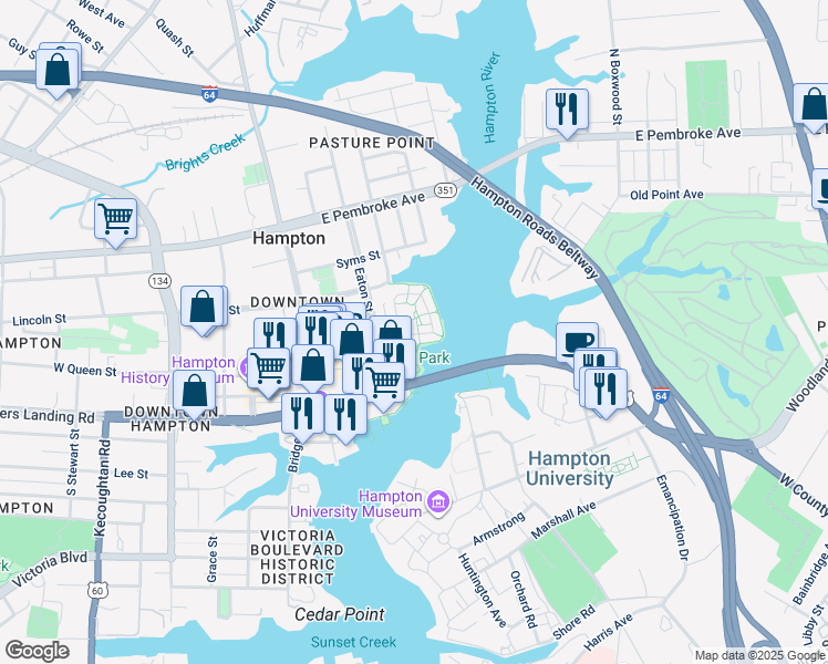 map of restaurants, bars, coffee shops, grocery stores, and more near 111 Mill Point Drive in Hampton