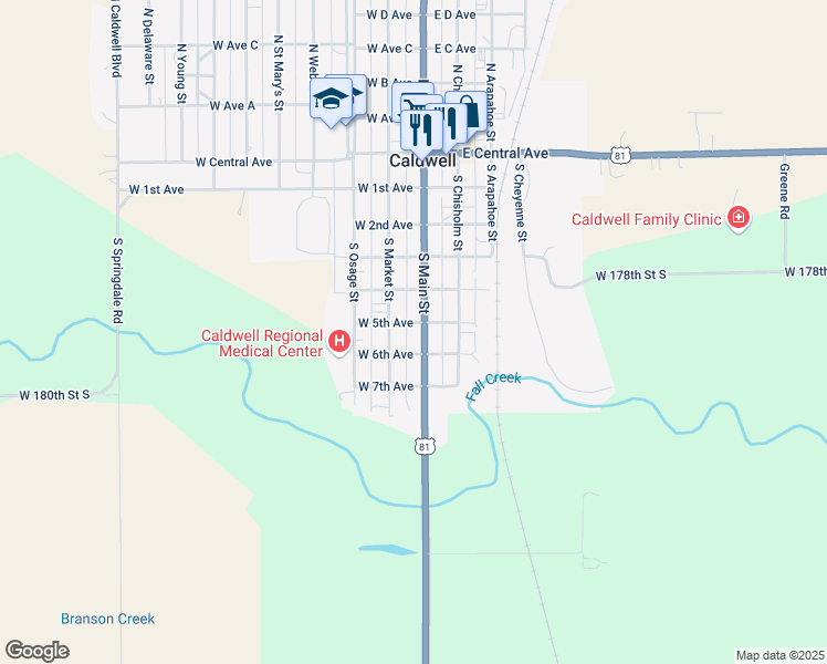 map of restaurants, bars, coffee shops, grocery stores, and more near 442-498 S Market St in Caldwell
