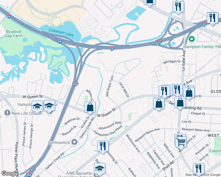 map of restaurants, bars, coffee shops, grocery stores, and more near 99 Red Robin Turn in Hampton