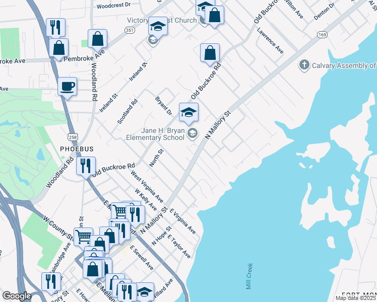map of restaurants, bars, coffee shops, grocery stores, and more near 949 North Mallory Street in Hampton