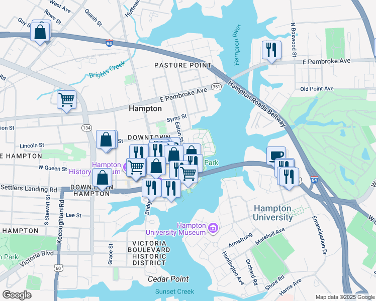 map of restaurants, bars, coffee shops, grocery stores, and more near 15 Miles Cary Mews in Hampton