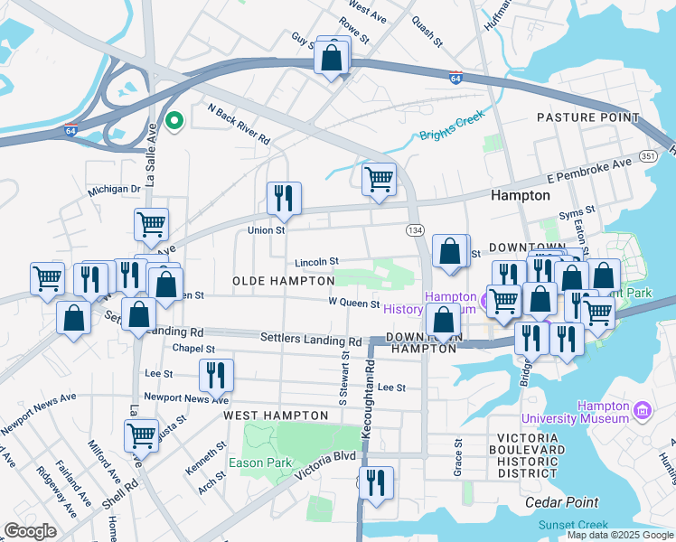 map of restaurants, bars, coffee shops, grocery stores, and more near 330 Grant Circle in Hampton
