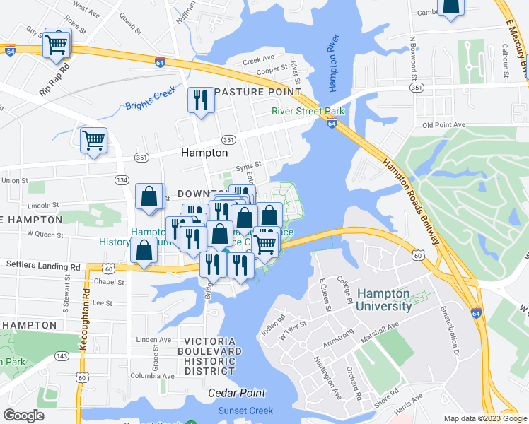 map of restaurants, bars, coffee shops, grocery stores, and more near 15 Miles Cary Mews in Hampton