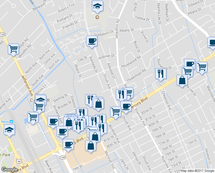 map of restaurants, bars, coffee shops, grocery stores, and more near 8403 Orcutt Avenue in Newport News