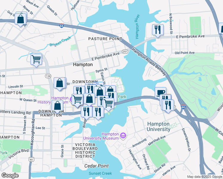 map of restaurants, bars, coffee shops, grocery stores, and more near 14 Miles Cary Mews in Hampton