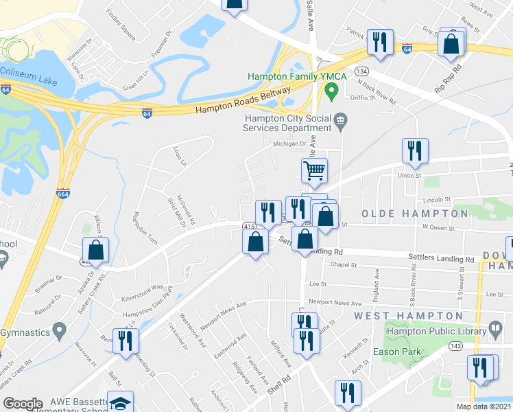 map of restaurants, bars, coffee shops, grocery stores, and more near 182 Michigan Drive in Hampton