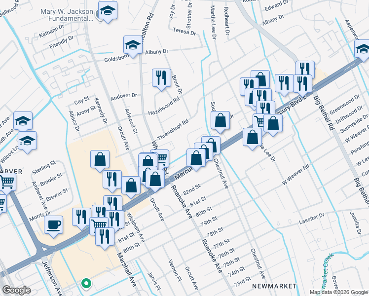 map of restaurants, bars, coffee shops, grocery stores, and more near 337 Kinsmen Way in Hampton