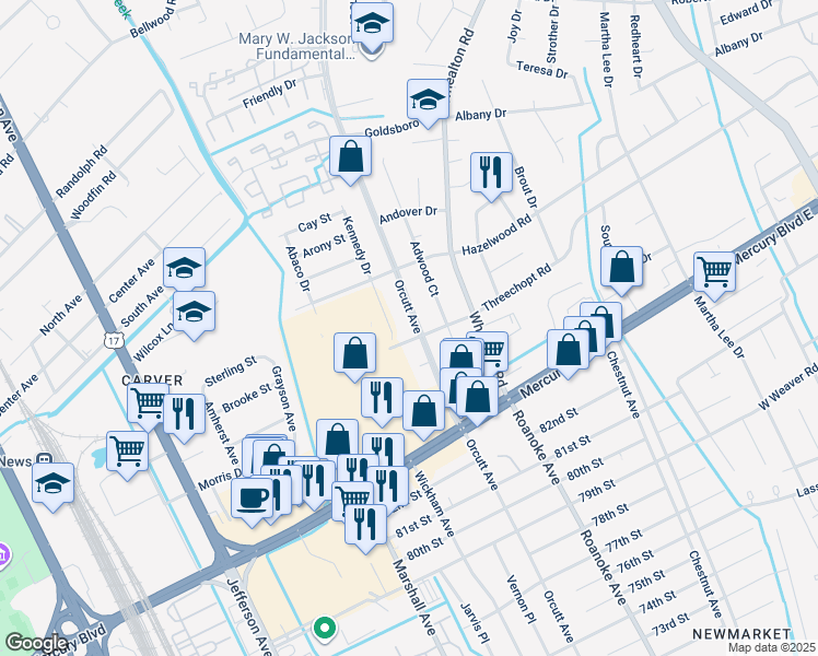 map of restaurants, bars, coffee shops, grocery stores, and more near 8403 Orcutt Avenue in Newport News