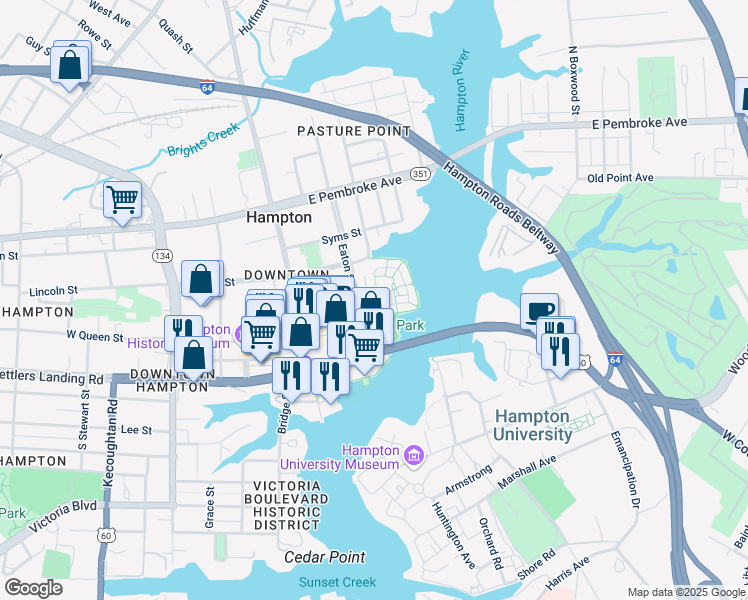 map of restaurants, bars, coffee shops, grocery stores, and more near 14 Miles Cary Mews in Hampton