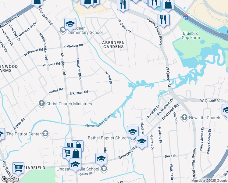 map of restaurants, bars, coffee shops, grocery stores, and more near 1032 Micott Drive in Hampton