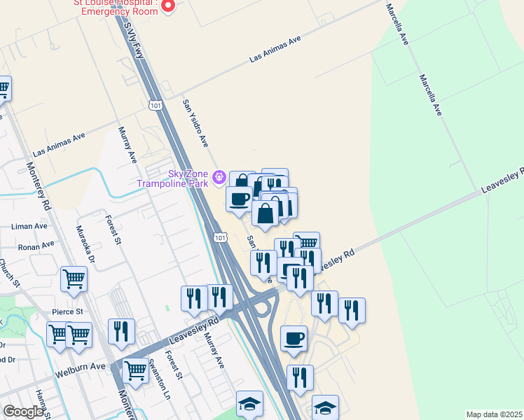 map of restaurants, bars, coffee shops, grocery stores, and more near 8650 San Ysidro Avenue in Gilroy