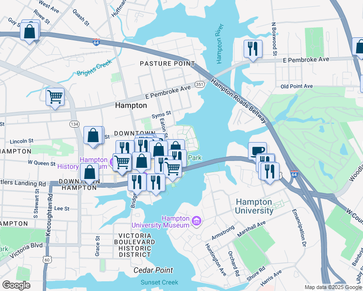 map of restaurants, bars, coffee shops, grocery stores, and more near 106 Mill Point Drive in Hampton