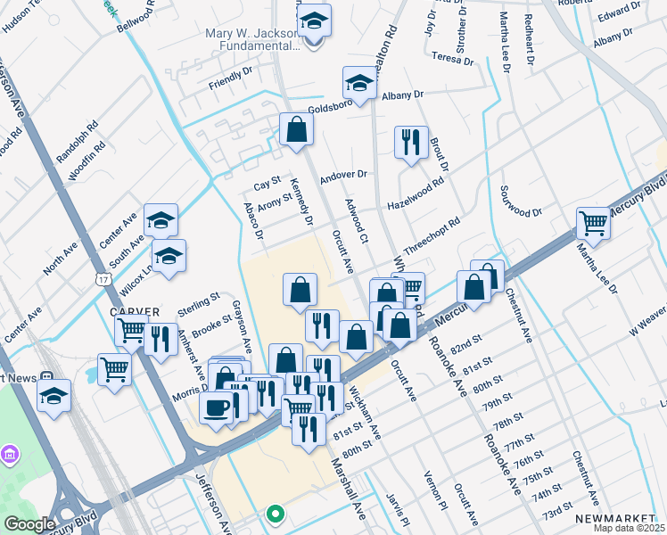 map of restaurants, bars, coffee shops, grocery stores, and more near 8404 Kennedy Drive in Newport News