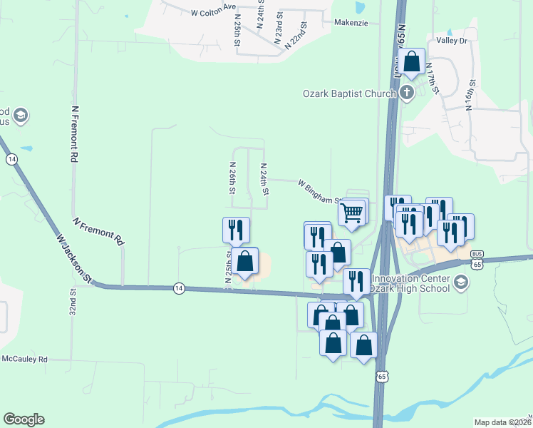 map of restaurants, bars, coffee shops, grocery stores, and more near 1002 North 24th Street in Ozark