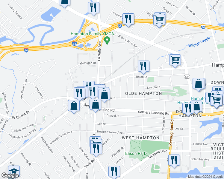 map of restaurants, bars, coffee shops, grocery stores, and more near 106 Patterson Avenue in Hampton