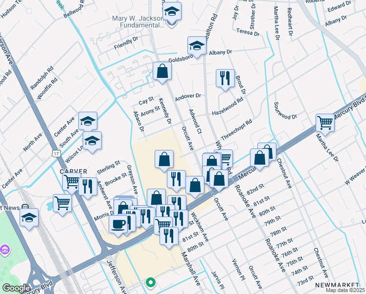 map of restaurants, bars, coffee shops, grocery stores, and more near 8404 Kennedy Drive in Newport News
