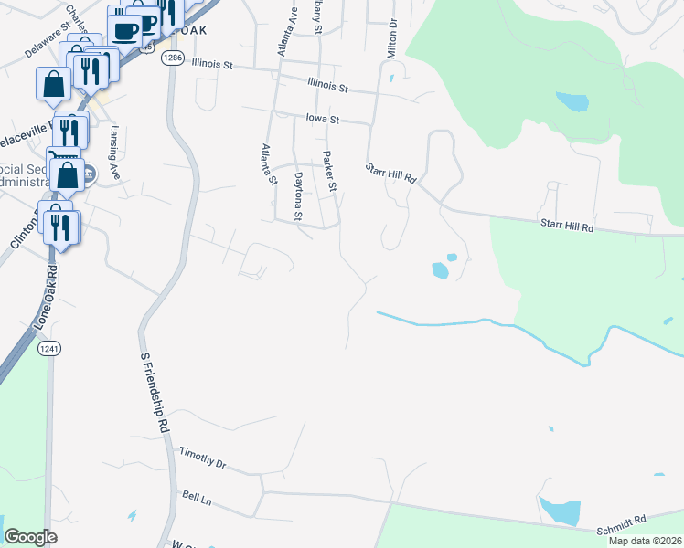 map of restaurants, bars, coffee shops, grocery stores, and more near 301-425 Parker Road in Paducah