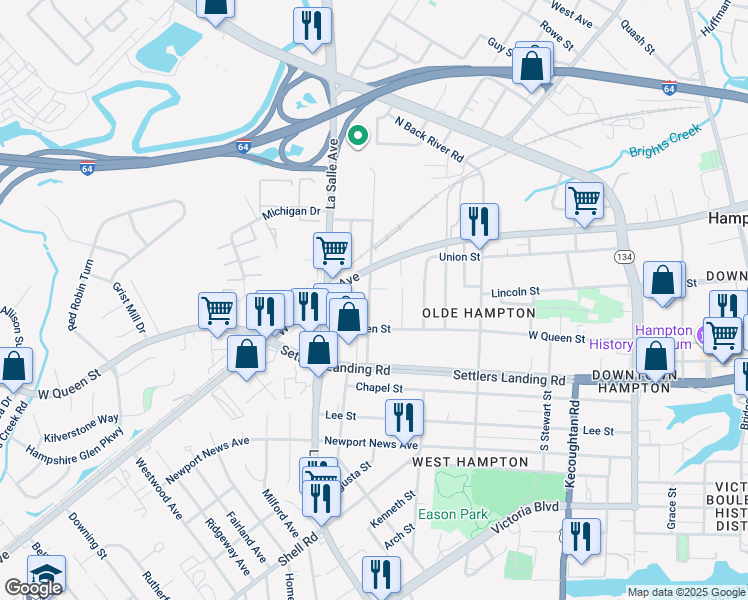 map of restaurants, bars, coffee shops, grocery stores, and more near 106 Patterson Avenue in Hampton