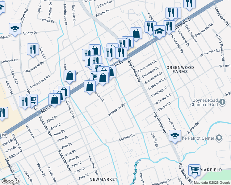 map of restaurants, bars, coffee shops, grocery stores, and more near 4004 Candlewood Drive in Hampton