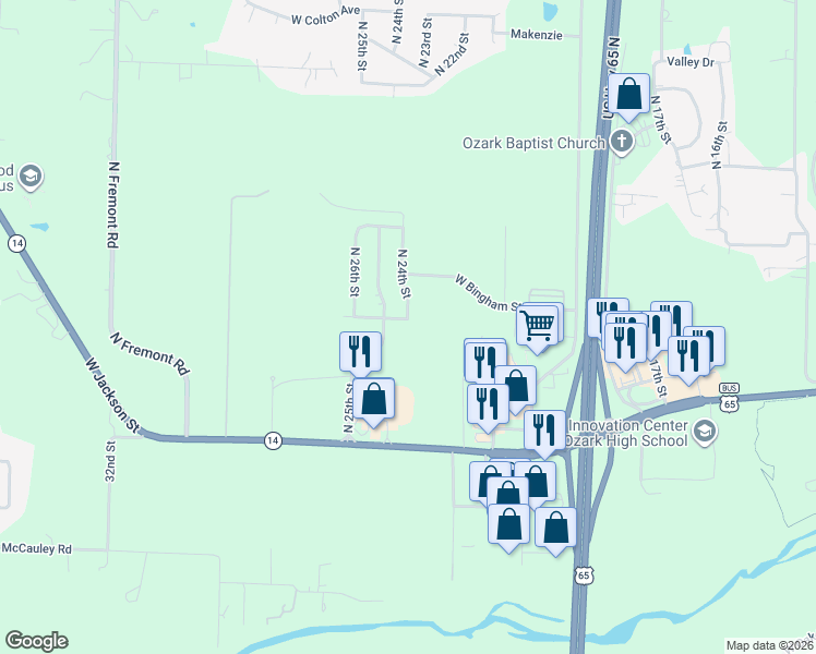 map of restaurants, bars, coffee shops, grocery stores, and more near 1002 North 24th Street in Ozark