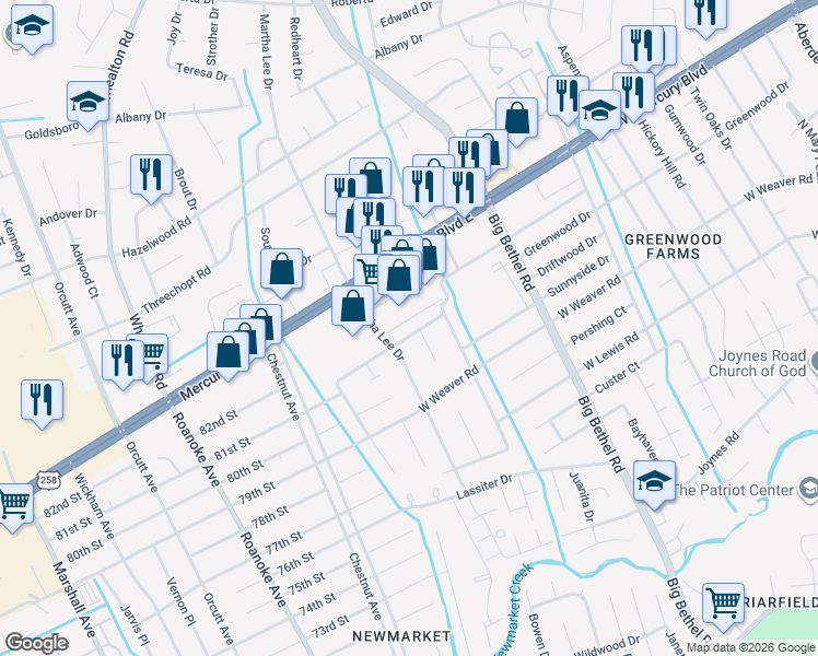 map of restaurants, bars, coffee shops, grocery stores, and more near 4004 Candlewood Drive in Hampton