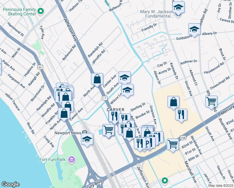 map of restaurants, bars, coffee shops, grocery stores, and more near 711 Wilcox Lane in Newport News