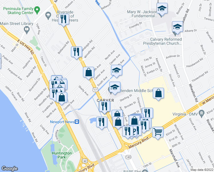 map of restaurants, bars, coffee shops, grocery stores, and more near 711 Wilcox Lane in Newport News