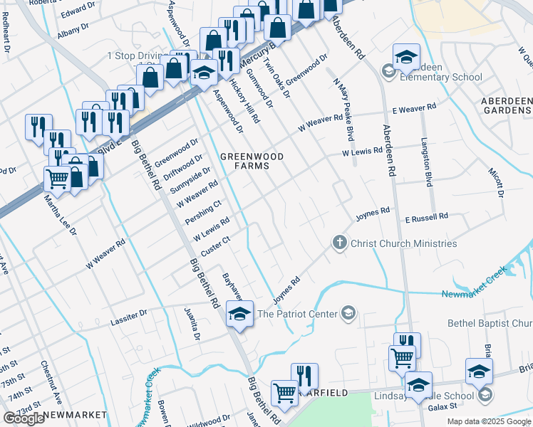 map of restaurants, bars, coffee shops, grocery stores, and more near 206 Woodbury Forrest Drive in Hampton