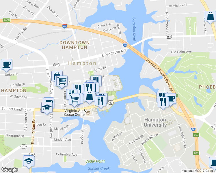 map of restaurants, bars, coffee shops, grocery stores, and more near 43 Miles Cary Mews in Hampton