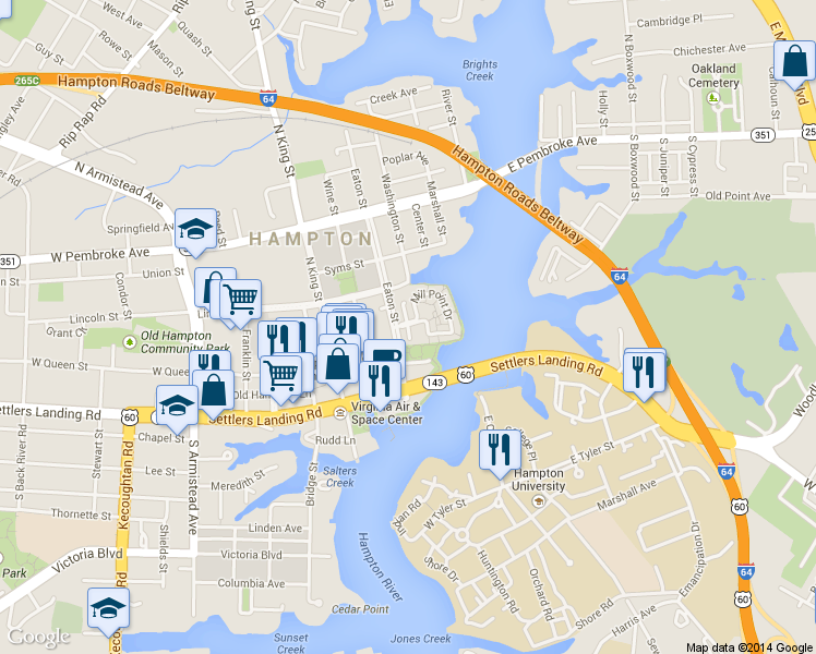map of restaurants, bars, coffee shops, grocery stores, and more near 45 Miles Cary Mews in Hampton