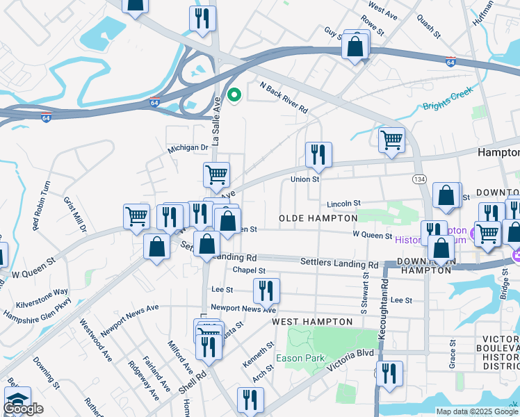 map of restaurants, bars, coffee shops, grocery stores, and more near 120 Palmer Street in Hampton