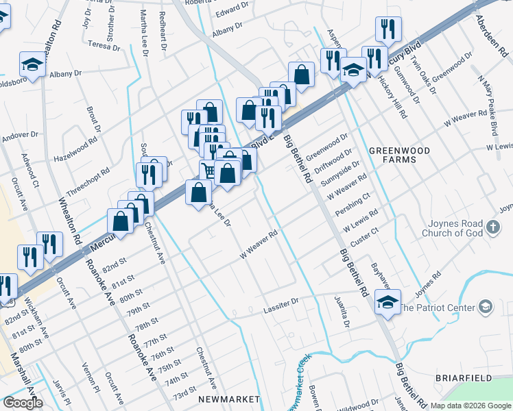 map of restaurants, bars, coffee shops, grocery stores, and more near 4004 Candlewood Drive in Hampton