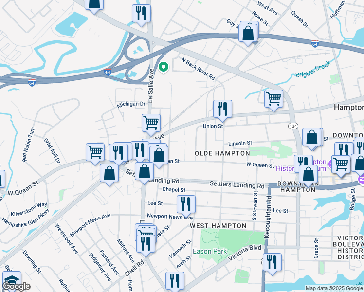 map of restaurants, bars, coffee shops, grocery stores, and more near 120 Palmer Street in Hampton