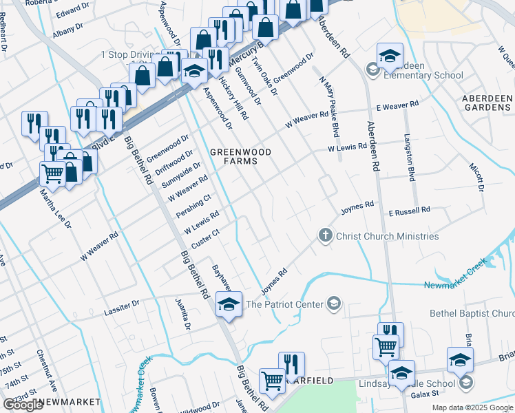 map of restaurants, bars, coffee shops, grocery stores, and more near 206 Woodbury Forrest Drive in Hampton