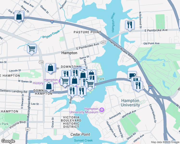 map of restaurants, bars, coffee shops, grocery stores, and more near 37 Miles Cary Mews in Hampton