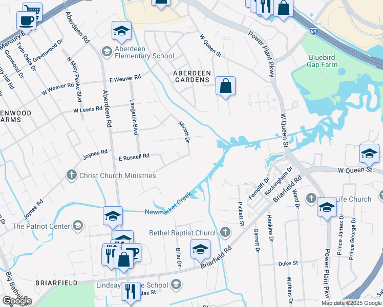 map of restaurants, bars, coffee shops, grocery stores, and more near 1034 Micott Drive in Hampton